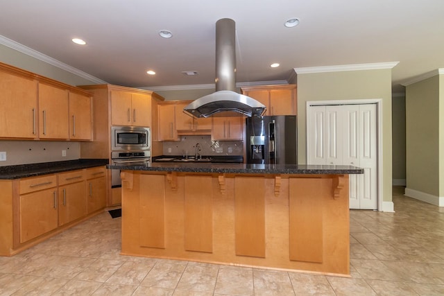 kitchen featuring an island with sink, sink, light tile floors, island exhaust hood, and stainless steel appliances