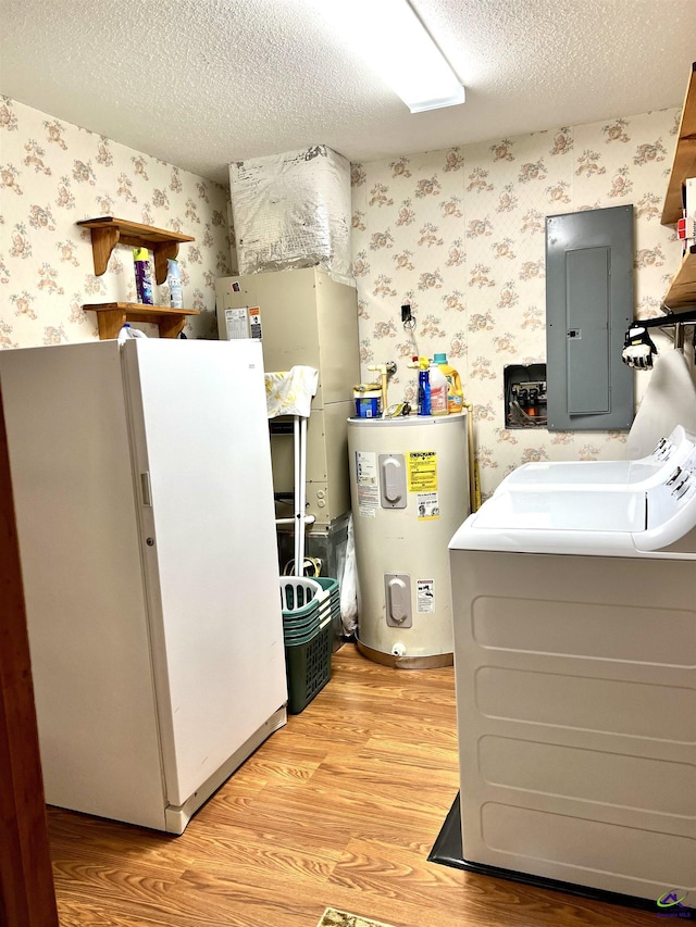 2382 Gallimore Mill Rd, Jeffersonville, GA 31044 - washroom with electric panel, wallpapered walls, electric water heater, light wood-style flooring, and a textured ceiling