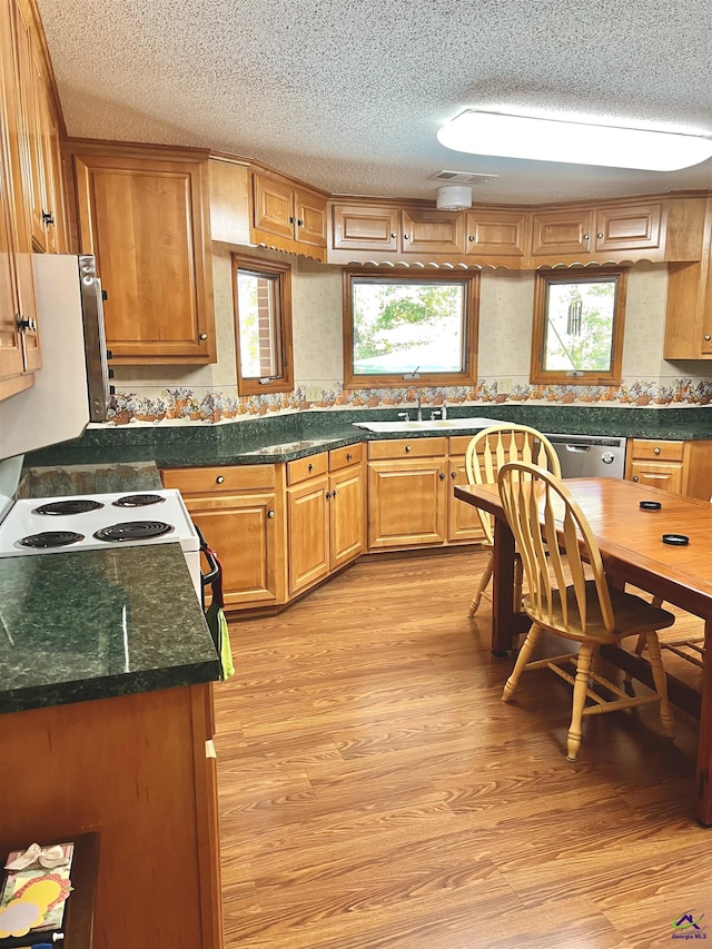 2382 Gallimore Mill Rd, Jeffersonville, GA 31044 - kitchen with a textured ceiling, light wood-type flooring, plenty of natural light, dark countertops, and brown cabinetry