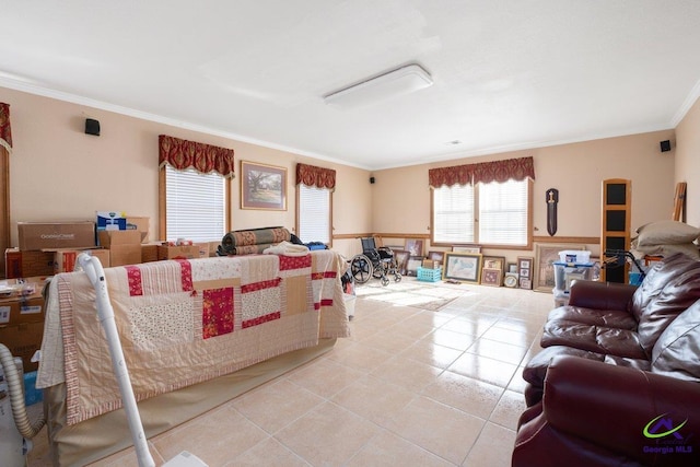 tiled living room with crown molding