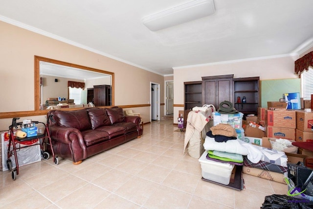 tiled living room with crown molding