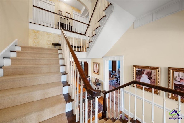 staircase with dark hardwood / wood-style floors and a towering ceiling