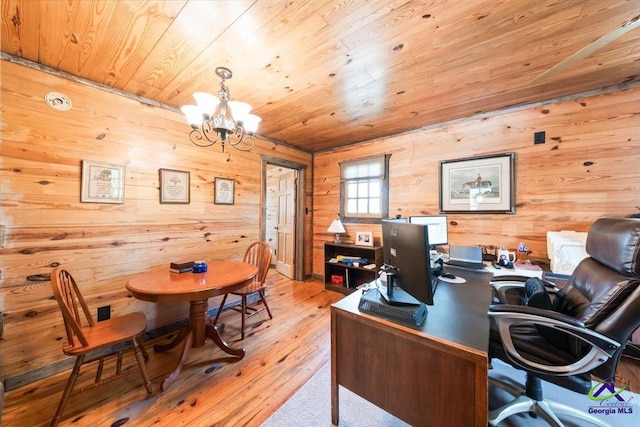 office featuring an inviting chandelier, wood walls, wooden ceiling, and light wood-type flooring