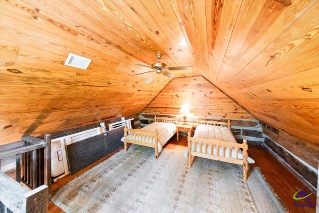 unfurnished bedroom featuring lofted ceiling, dark wood-type flooring, and wooden ceiling