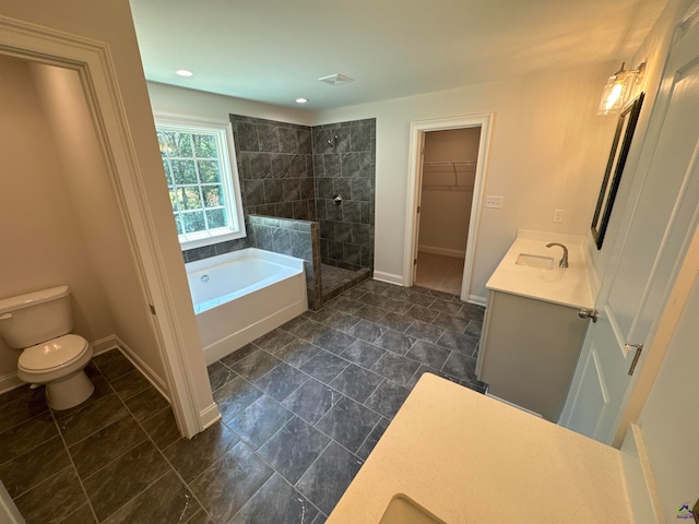 full bathroom with vanity, toilet, and independent shower and bath