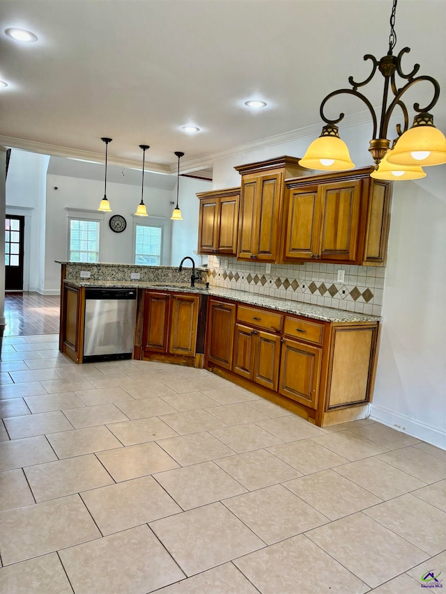 kitchen with kitchen peninsula, decorative backsplash, dishwasher, ornamental molding, and pendant lighting