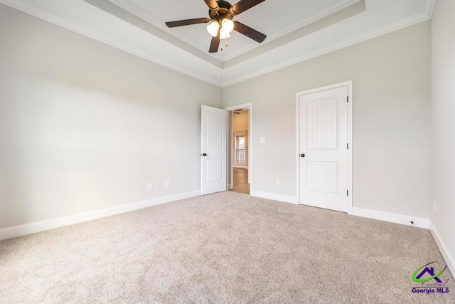 empty room with a raised ceiling, carpet, and ornamental molding