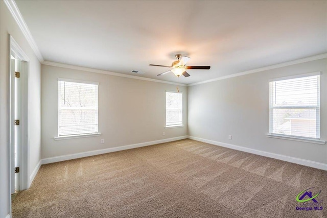 219 Carsons Walk, Macon, GA 31216 - spare room featuring baseboards, light colored carpet, ornamental molding, and a ceiling fan