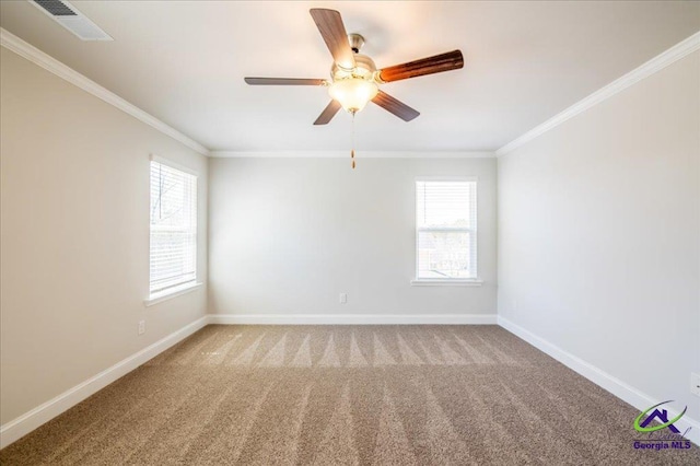 219 Carsons Walk, Macon, GA 31216 - empty room with visible vents, baseboards, ornamental molding, a ceiling fan, and carpet