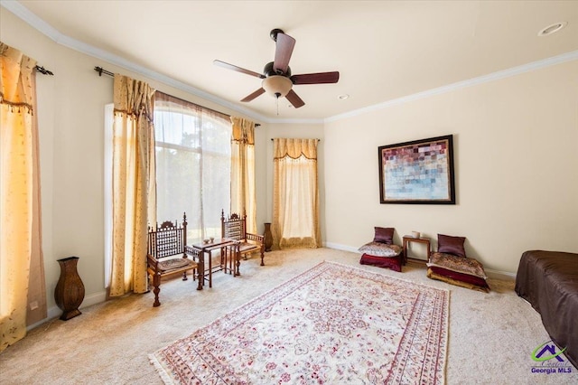 interior space featuring ceiling fan, carpet floors, and crown molding