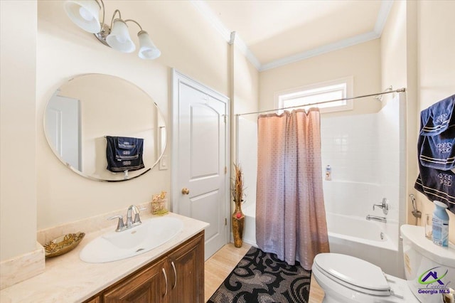 full bathroom featuring shower / bathtub combination with curtain, ornamental molding, wood-type flooring, vanity, and toilet