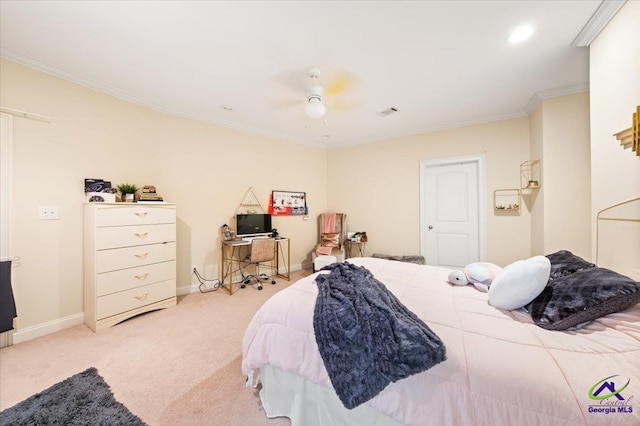 bedroom with light carpet, ceiling fan, and crown molding