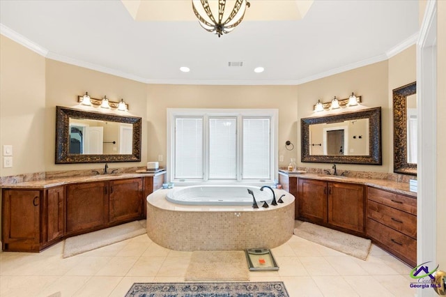 bathroom with a relaxing tiled bath, vanity with extensive cabinet space, dual sinks, tile flooring, and ornamental molding