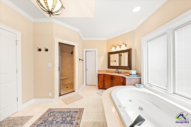 bathroom with independent shower and bath, vanity, tile flooring, and crown molding