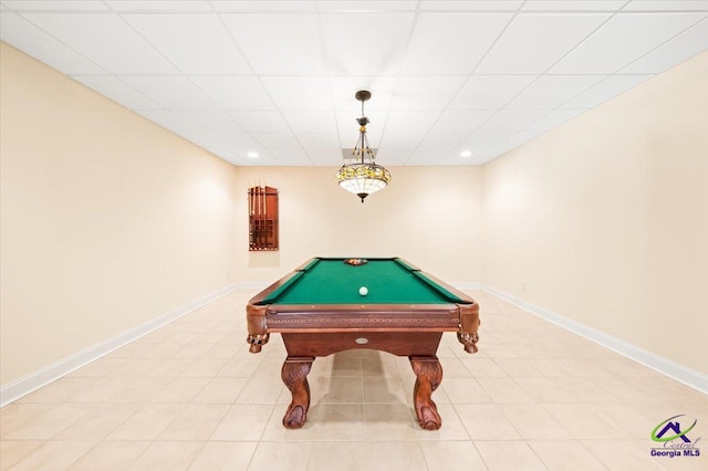 rec room with a drop ceiling, light tile floors, and pool table