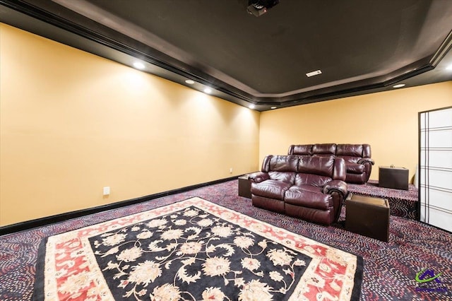 cinema featuring a tray ceiling and dark colored carpet