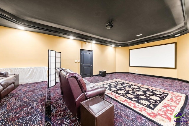 carpeted home theater room featuring a raised ceiling