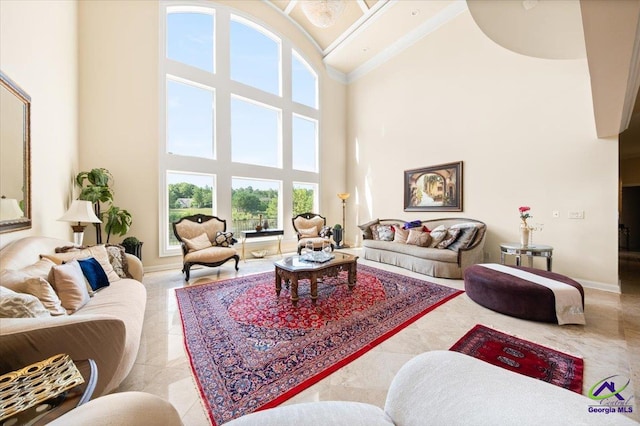 tiled living room featuring a towering ceiling