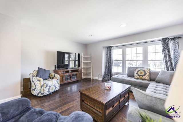 living room with dark hardwood / wood-style floors