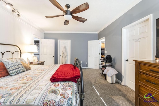 carpeted bedroom featuring ceiling fan and crown molding