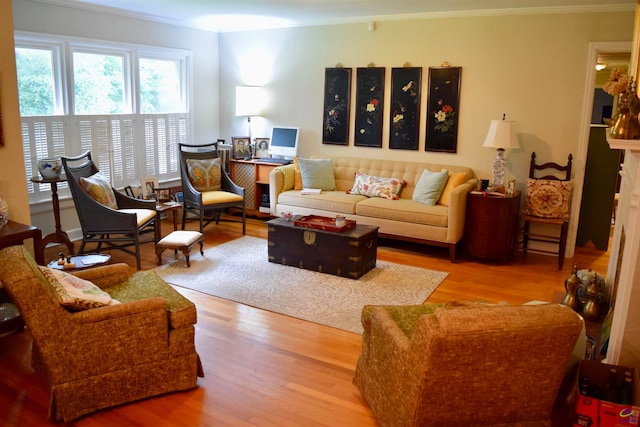 living room featuring crown molding and wood-type flooring