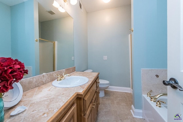 full bathroom with tile patterned floors, vanity, toilet, and separate shower and tub