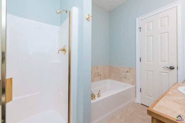 bathroom with vanity, separate shower and tub, and tile patterned flooring