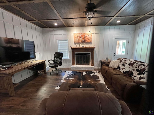 living room with coffered ceiling, ceiling fan, hardwood / wood-style floors, and wood ceiling