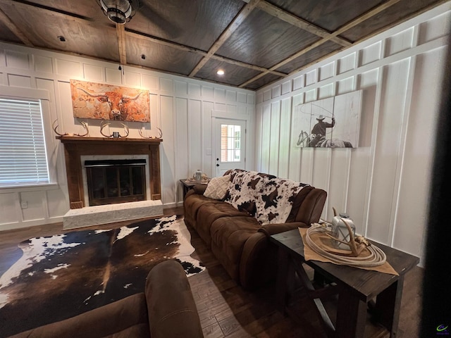 living room with wooden ceiling and hardwood / wood-style flooring