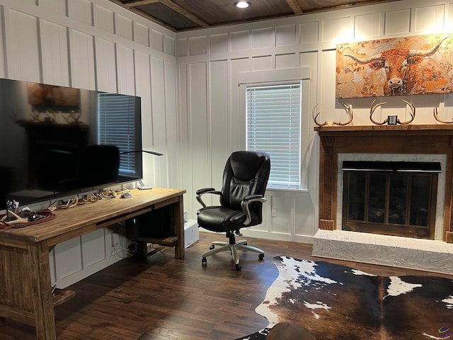 office area featuring wood-type flooring and wooden ceiling