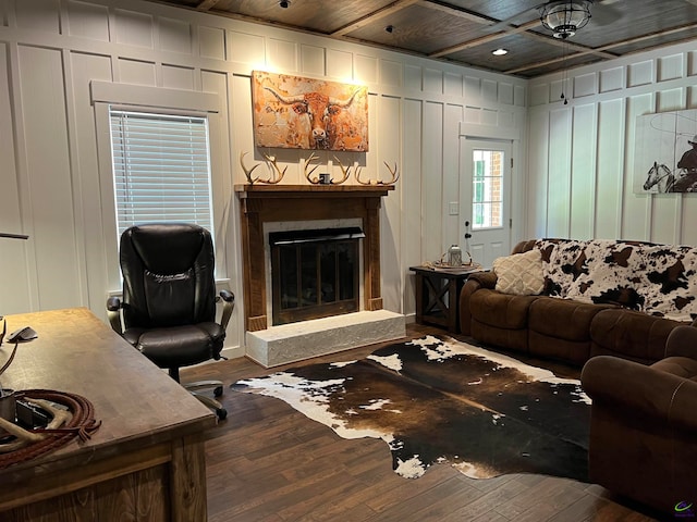 living room with wood-type flooring and wood ceiling