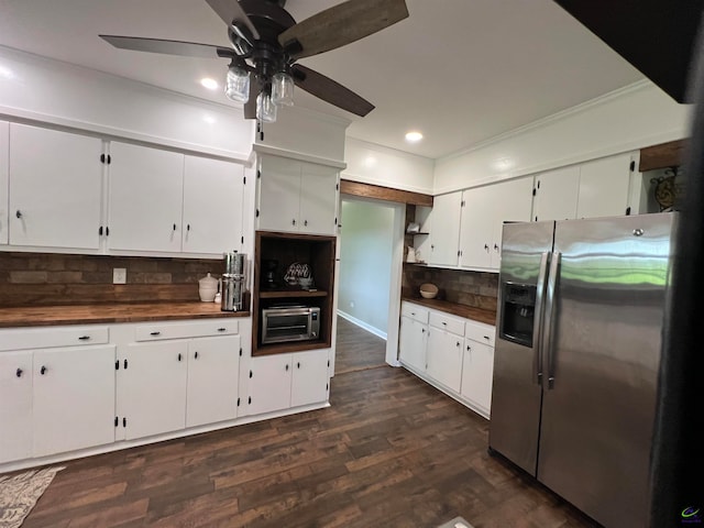 kitchen featuring white cabinetry, tasteful backsplash, ceiling fan, stainless steel fridge with ice dispenser, and dark wood-type flooring