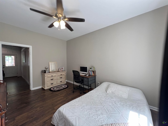 bedroom featuring wood-type flooring and ceiling fan