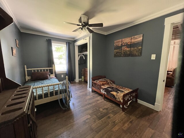 bedroom with a closet, ceiling fan, crown molding, and dark wood-type flooring