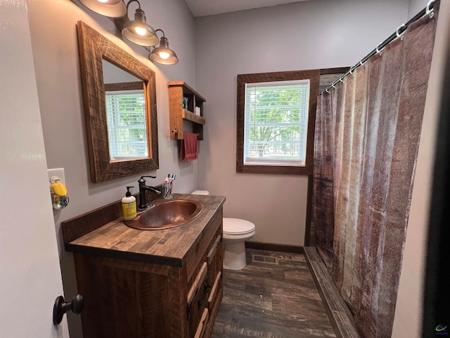 bathroom with hardwood / wood-style floors, vanity, and toilet