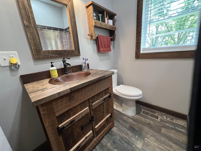 bathroom featuring vanity, toilet, and hardwood / wood-style floors