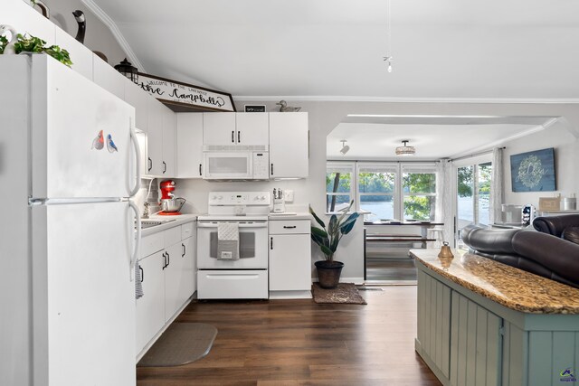 kitchen with crown molding, white cabinetry, hardwood / wood-style flooring, and white appliances