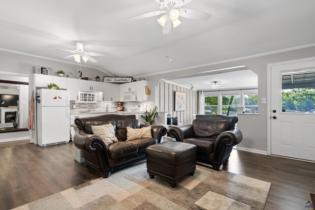 living room featuring ceiling fan, crown molding, light hardwood / wood-style flooring, and lofted ceiling