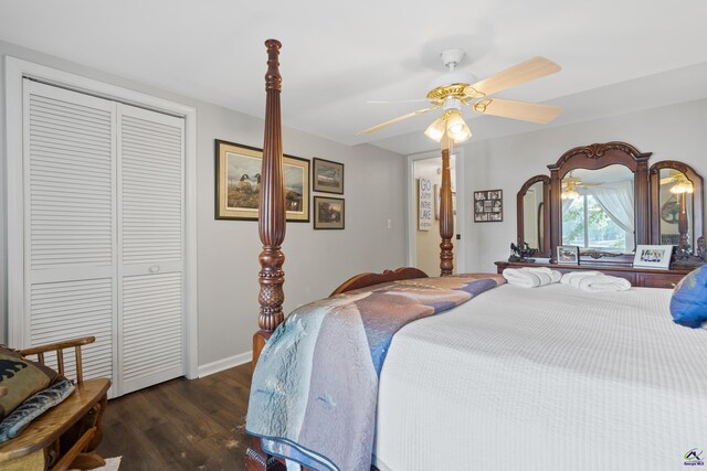 bedroom with a closet, ceiling fan, and dark hardwood / wood-style floors