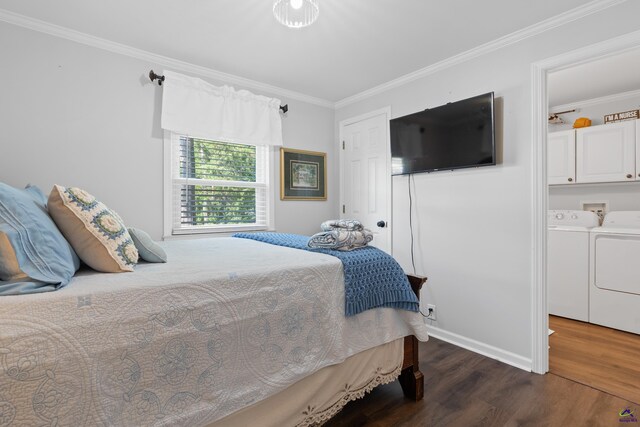 bedroom featuring crown molding, dark wood-type flooring, and washing machine and dryer