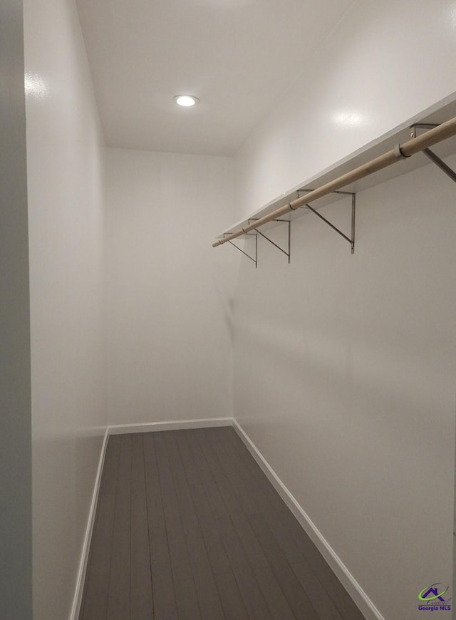 walk in closet featuring dark wood-style flooring