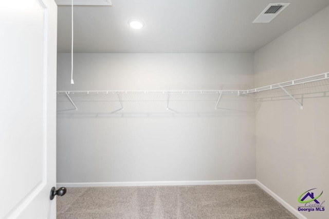 walk in closet featuring attic access, visible vents, and carpet floors