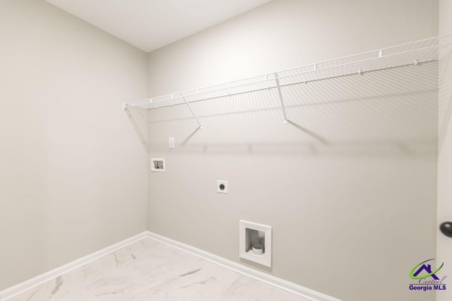 laundry room with baseboards, laundry area, hookup for a washing machine, marble finish floor, and hookup for an electric dryer