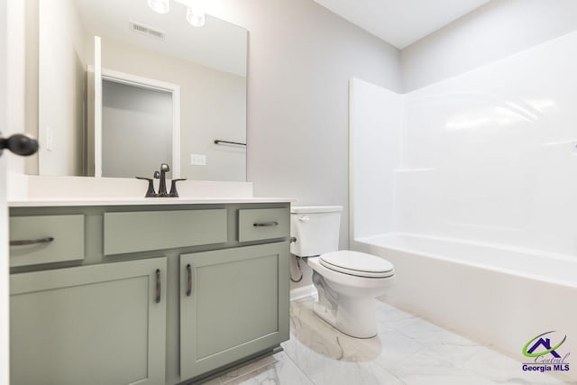 full bathroom with vanity, toilet, visible vents, and marble finish floor