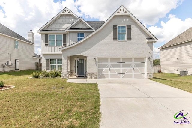 craftsman inspired home featuring a garage, a front yard, and central AC