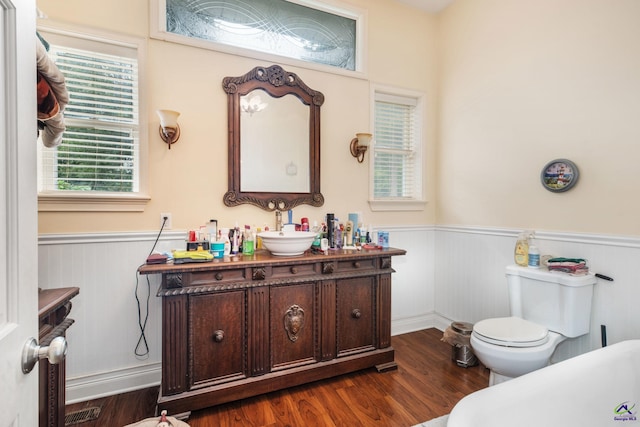 bathroom with vanity, toilet, and hardwood / wood-style flooring