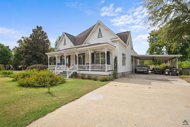 view of front of house with a front yard, covered porch, and a carport