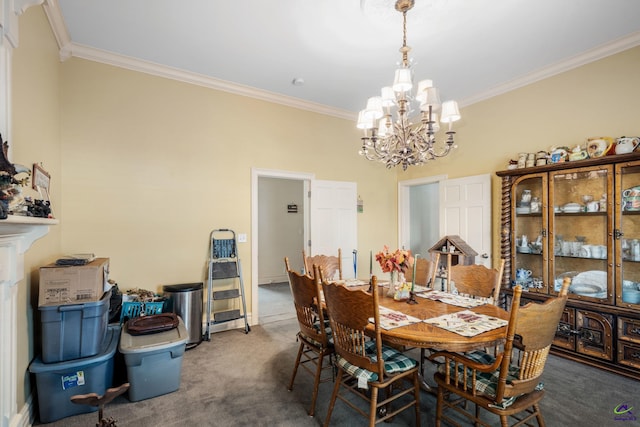 carpeted dining room featuring crown molding and a chandelier