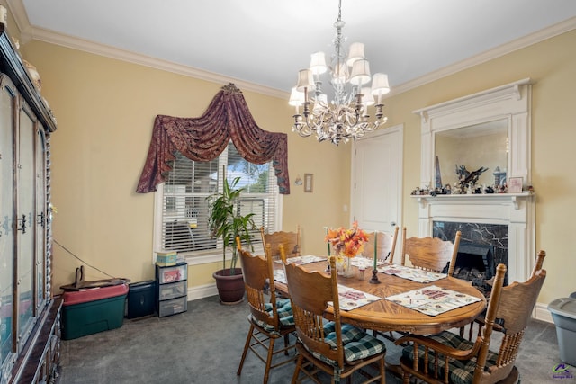 carpeted dining space featuring a fireplace, crown molding, and a notable chandelier