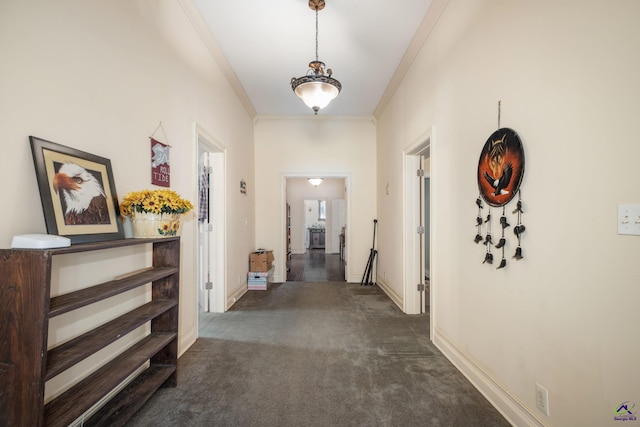 corridor featuring crown molding and dark carpet